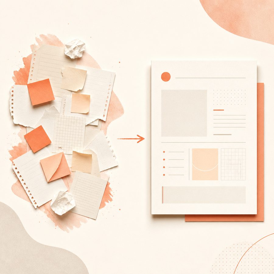 Illustration of scattered pages becoming one organised workspace